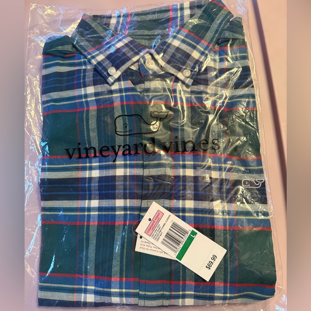 Vineyard Vines Men’s Festive Pine Flannel Shirt - Deep Bay - Size L - NWT